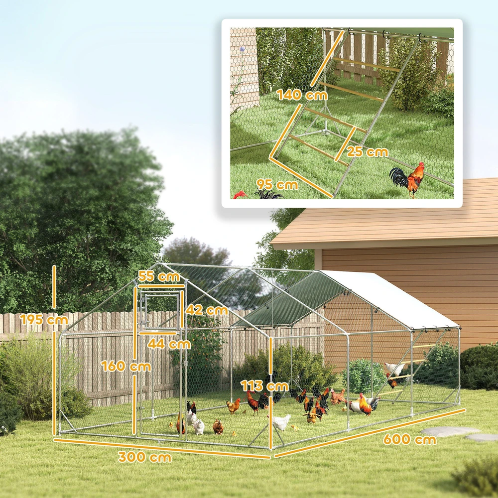 PawHut vištidė su voljeru, plieno, 300 x 600 x 195 cm, vištų narvas su UV spinduliams atspariu stogeliu, durelėmis šėrimui, pakabinama šėrykla, laktomis, vištidė 18-24 vištoms, smulkiems gyvūnams, sidabrinė
