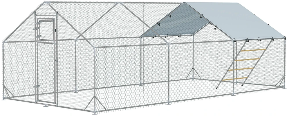 PawHut vištidė su voljeru, plieno, 300 x 600 x 195 cm, vištų narvas su UV spinduliams atspariu stogeliu, durelėmis šėrimui, pakabinama šėrykla, laktomis, vištidė 18-24 vištoms, smulkiems gyvūnams, sidabrinė