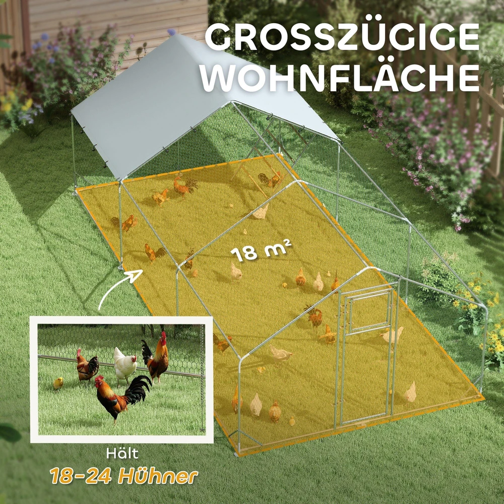 PawHut vištidė su voljeru, plieno, 300 x 600 x 195 cm, vištų narvas su UV spinduliams atspariu stogeliu, durelėmis šėrimui, pakabinama šėrykla, laktomis, vištidė 18-24 vištoms, smulkiems gyvūnams, sidabrinė