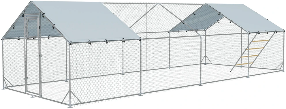PawHut vištidė su voljeru, plieninė, 300 x 800 x 195 cm, vištų narvas su UV spinduliams atspariu stogeliu, šėrimo durelėmis, pakabinama šėrykla, laktomis, voljeras 24-30 vištų, smulkiems gyvūnams, sidabrinė