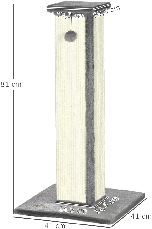 PawHut draskyklė 81 cm aukščio draskyklė iš sizalio su kamuoliuku, idealiai tinka katėms iki 5kg, skirta naudoti patalpose, pilkos ir kreminės spalvos