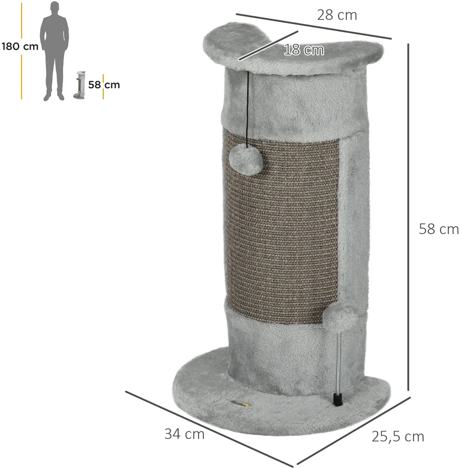 PawHut kampinis draskyklė stulpas, 58 cm Sizalio draskyklė, kačių draskyklė, maža kačių draskyklė su draskymo kamuoliuku, baldai katėms vidaus patalpoms, pilka