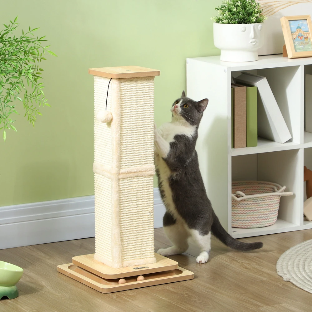 PawHut 3-in-1 draskyklė, 67 cm draskymo stulpas, sisalinis kačių draskytuvas su žaisliniu kamuoliuku, draskyklė katėms, kačių baldai, vidaus naudojimui, ąžuolo spalvos
