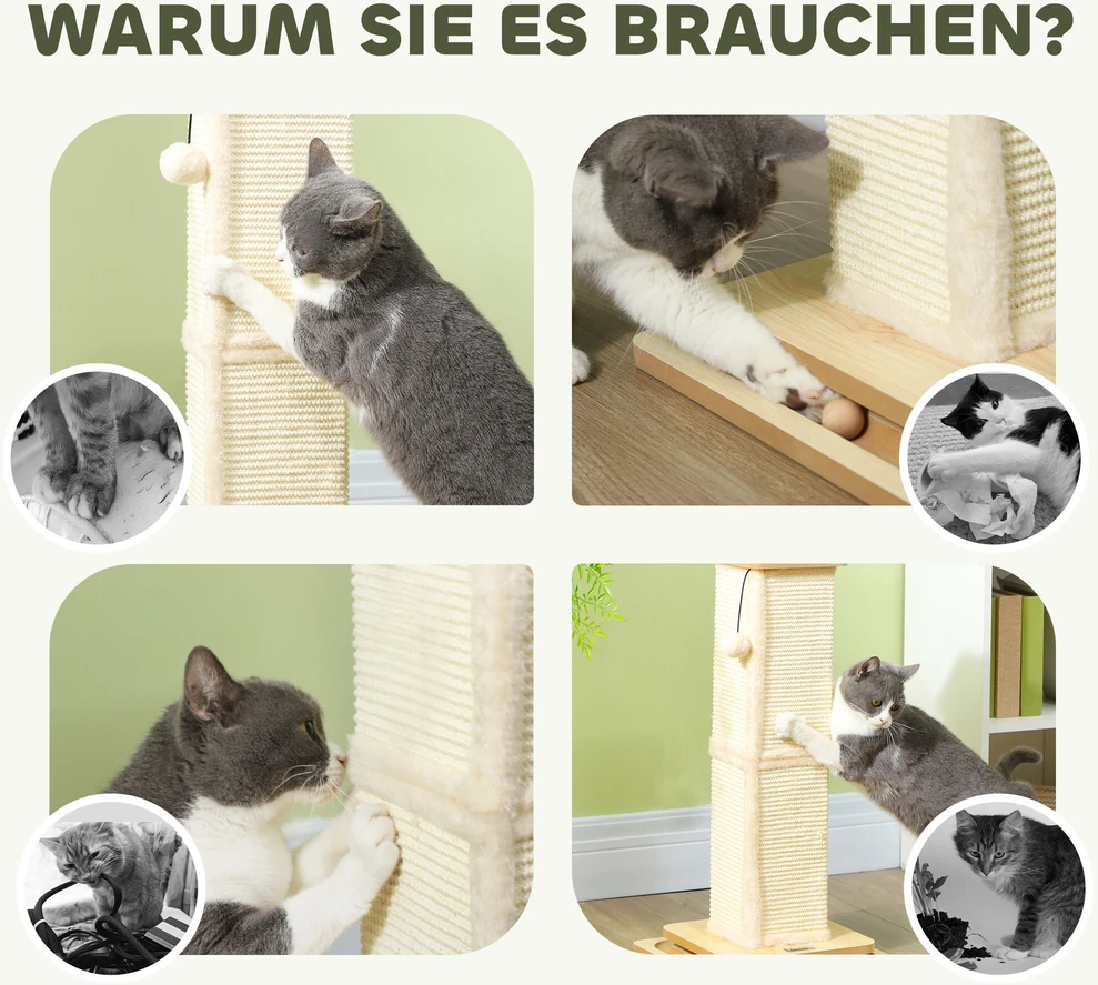PawHut 3-in-1 draskyklė, 67 cm draskymo stulpas, sisalinis kačių draskytuvas su žaisliniu kamuoliuku, draskyklė katėms, kačių baldai, vidaus naudojimui, ąžuolo spalvos