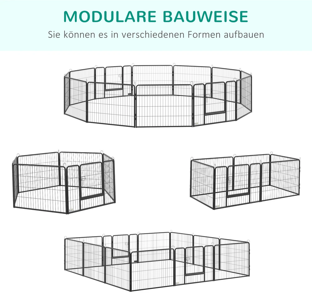 PawHut aptvaras, 60 cm aukščio šuniukų voljeras su durelėmis, 12 dalių, šunų maniežas laukui, plieno, juodas