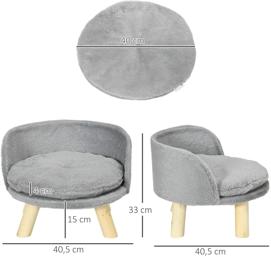 PawHut šunų ir kačių guolis, šunų sofa su neslidžiomis medinėmis kojelėmis ir pagalvėle, naudojimui patalpose, pilka, 40,5x40,5x33 cm