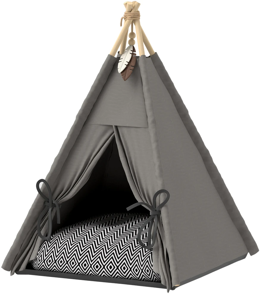 PawHut tipi palapinė augintiniams, kačių palapinė su nuimama ir plaunama pagalvėle, kačių namelis neslystančiu pagrindu, su žaisliniu kamuoliuku, katėms iki 5kg, mažų veislių šunims, 60 x 60 x 76 cm, pilka