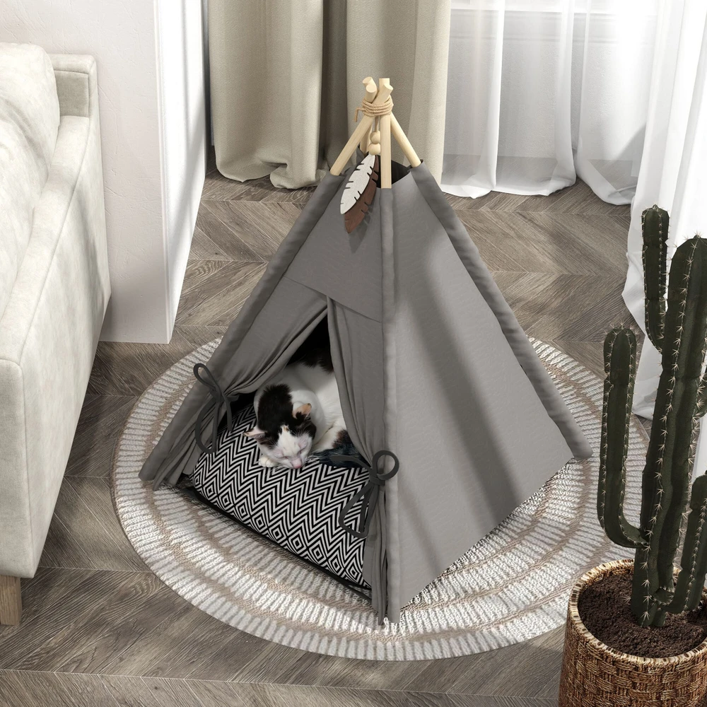 PawHut tipi palapinė augintiniams, kačių palapinė su nuimama ir plaunama pagalvėle, kačių namelis neslystančiu pagrindu, su žaisliniu kamuoliuku, katėms iki 5kg, mažų veislių šunims, 60 x 60 x 76 cm, pilka