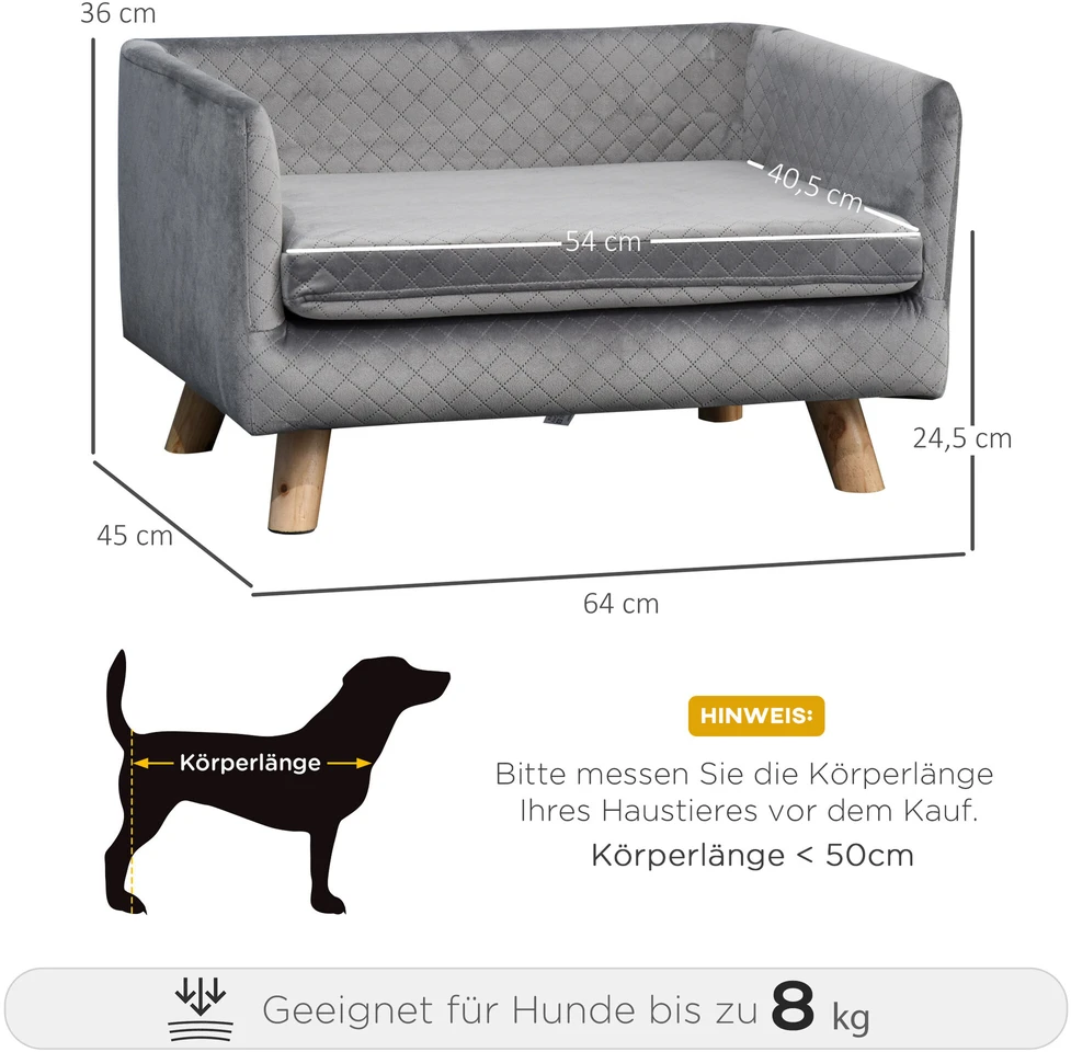 PawHut šunų sofa, aksominio prisilietimo naminių gyvūnėlių sofa mažiems šunims iki 8kg, su medinėmis kojelėmis, pilka, 64x45x36 cm