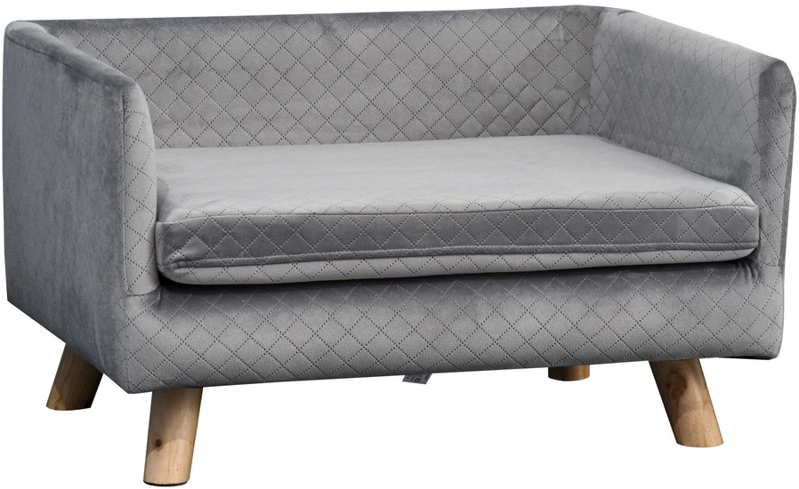 PawHut šunų sofa, aksominio prisilietimo naminių gyvūnėlių sofa mažiems šunims iki 8kg, su medinėmis kojelėmis, pilka, 64x45x36 cm