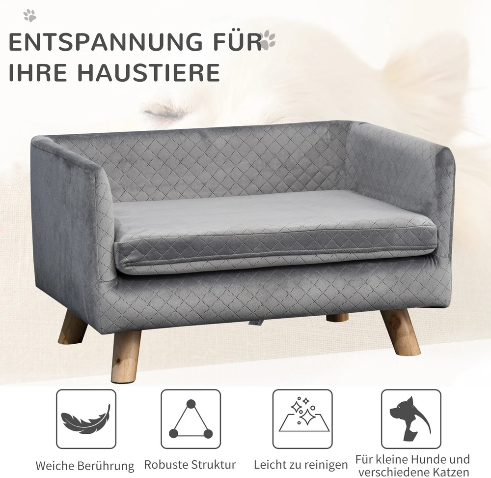 PawHut šunų sofa, aksominio prisilietimo naminių gyvūnėlių sofa mažiems šunims iki 8kg, su medinėmis kojelėmis, pilka, 64x45x36 cm