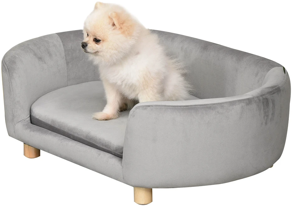 PawHut naminių gyvūnų sofa, šuns guolis su olandišku aksomu, putplasčiu ir beržinėmis kojomis, katėms ir šunims, 86 x 55 x 33 cm, šviesiai pilka