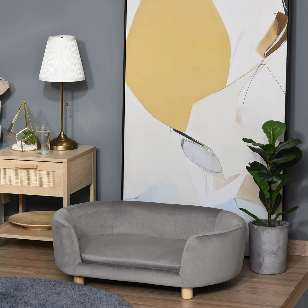 PawHut naminių gyvūnų sofa, šuns guolis su olandišku aksomu, putplasčiu ir beržinėmis kojomis, katėms ir šunims, 86 x 55 x 33 cm, šviesiai pilka