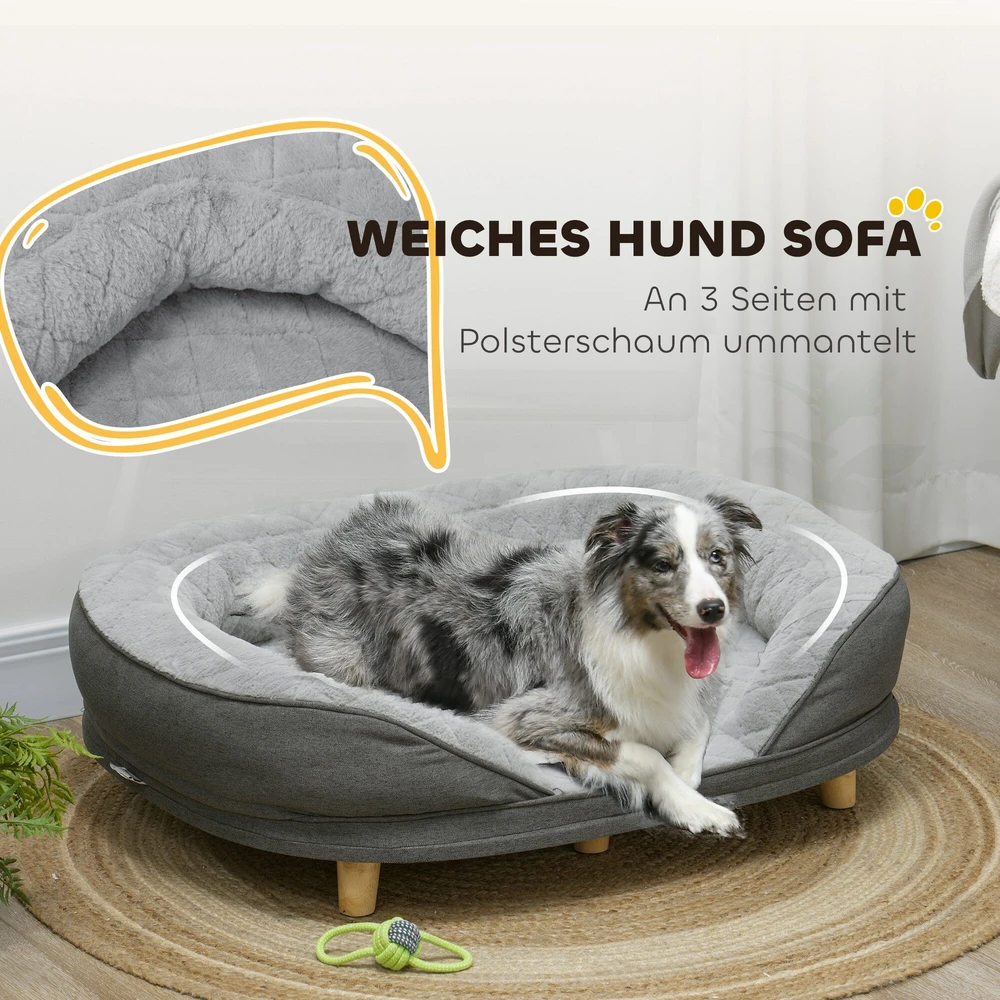 PawHut šunų sofa, plaunamu užvalkalu, augintinių sofa su atlošu ir medinėmis kojelėmis, kačių sofa, vidutinio dydžio šunims iki 25 kg, pilka