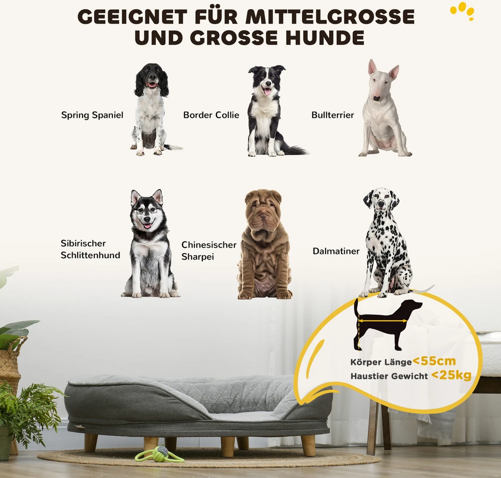 PawHut šunų sofa, plaunamu užvalkalu, augintinių sofa su atlošu ir medinėmis kojelėmis, kačių sofa, vidutinio dydžio šunims iki 25 kg, pilka