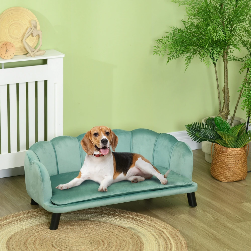 PawHut šunų sofa su atlošu ir medinėmis kojelėmis, minkštas apmušalas, naminių gyvūnų sofa, žalia, 98,5x60,5x35,5 cm