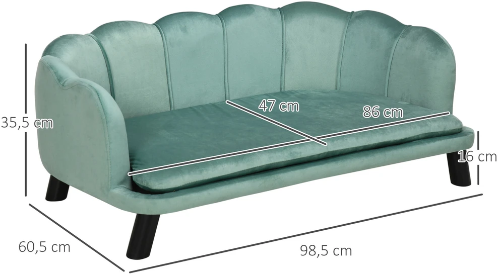 PawHut šunų sofa su atlošu ir medinėmis kojelėmis, minkštas apmušalas, naminių gyvūnų sofa, žalia, 98,5x60,5x35,5 cm