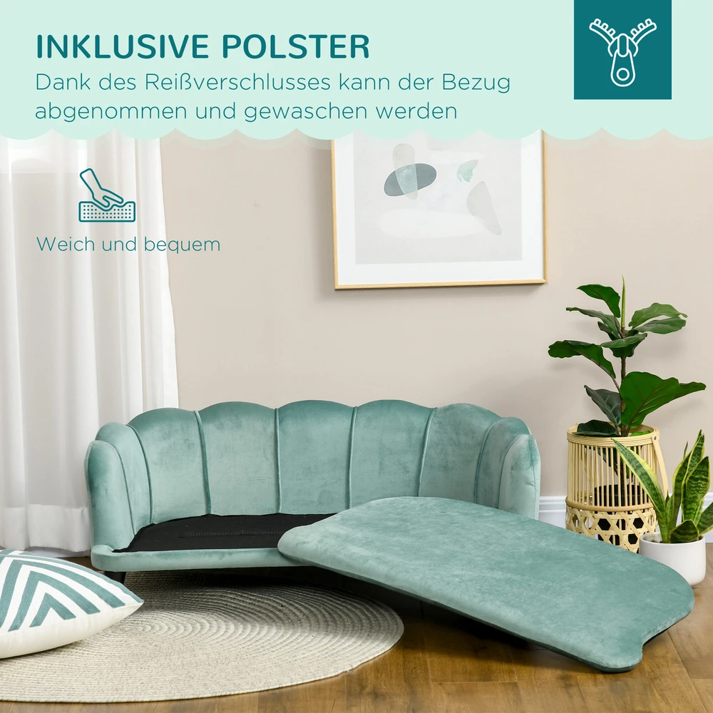 PawHut šunų sofa su atlošu ir medinėmis kojelėmis, minkštas apmušalas, naminių gyvūnų sofa, žalia, 98,5x60,5x35,5 cm