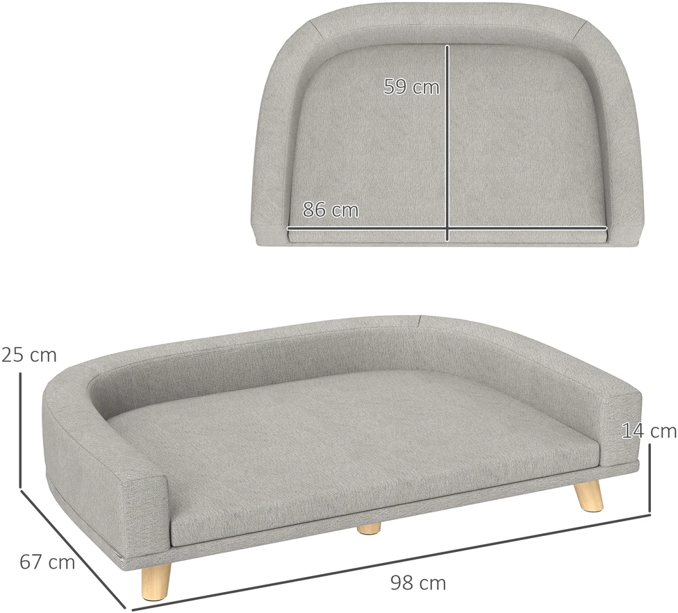 PawHut šunų sofa, naminių gyvūnėlių sofa, kačių sofa su pagalve, šunų lova dideliems šunims, šunų gultas su paaukštintu dizainu, šunų fotelis su medinėmis kojelėmis, pilka, 98 x 67 x 25 cm