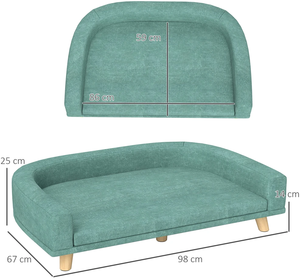 PawHut šunų sofa, patogi sofa augintiniams su pagalve, ideali dideliems šunims, pakeltas dizainas, medinės kojelės, žalia, 98x67x25 cm