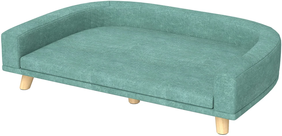 PawHut šunų sofa, patogi sofa augintiniams su pagalve, ideali dideliems šunims, pakeltas dizainas, medinės kojelės, žalia, 98x67x25 cm