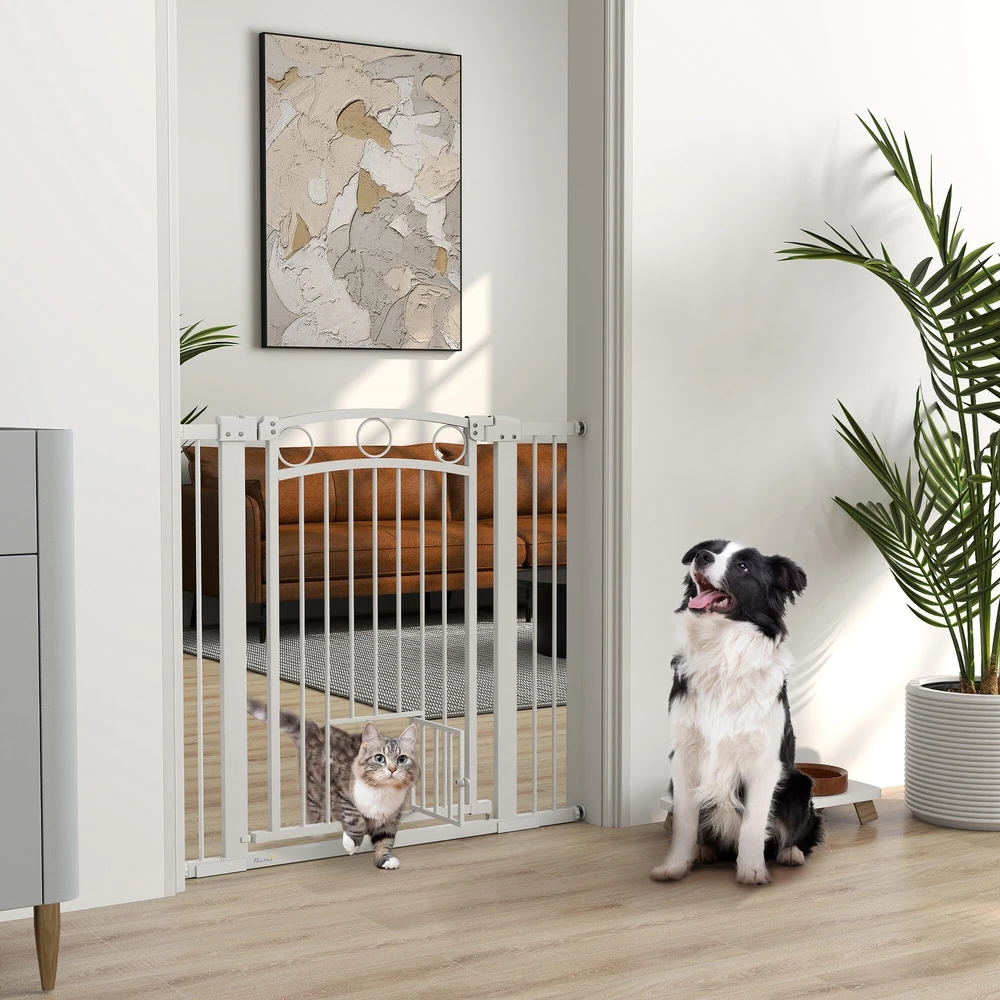 "PawHut" apsauginiai varteliai šunims, 76-104 cm laiptų varteliai be gręžimo, rakinami laiptų varteliai su durelėmis katėms, apsauginiai varteliai visiems dideliems šunims, plieniniai, balti