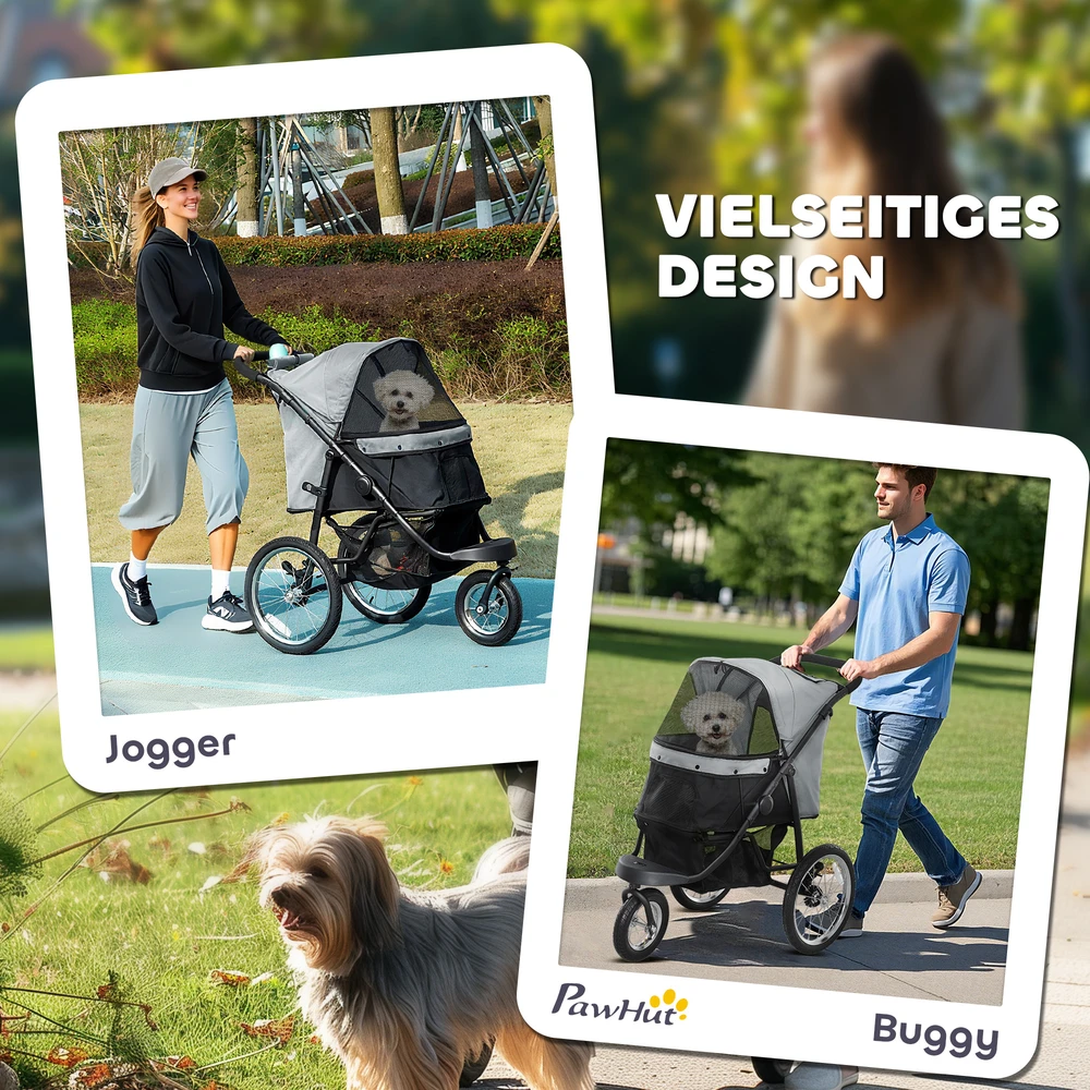 PawHut šunų vežimėlis, bėgimo vežimėlis, sulankstomas, skirtas mažiems šunims ir katėms iki 10 kg, su 3 dideliais guminiais ratais, pagalvėle, tinkliniais langais, krepšiu daiktams ir saugos pavadėliais, pilkas