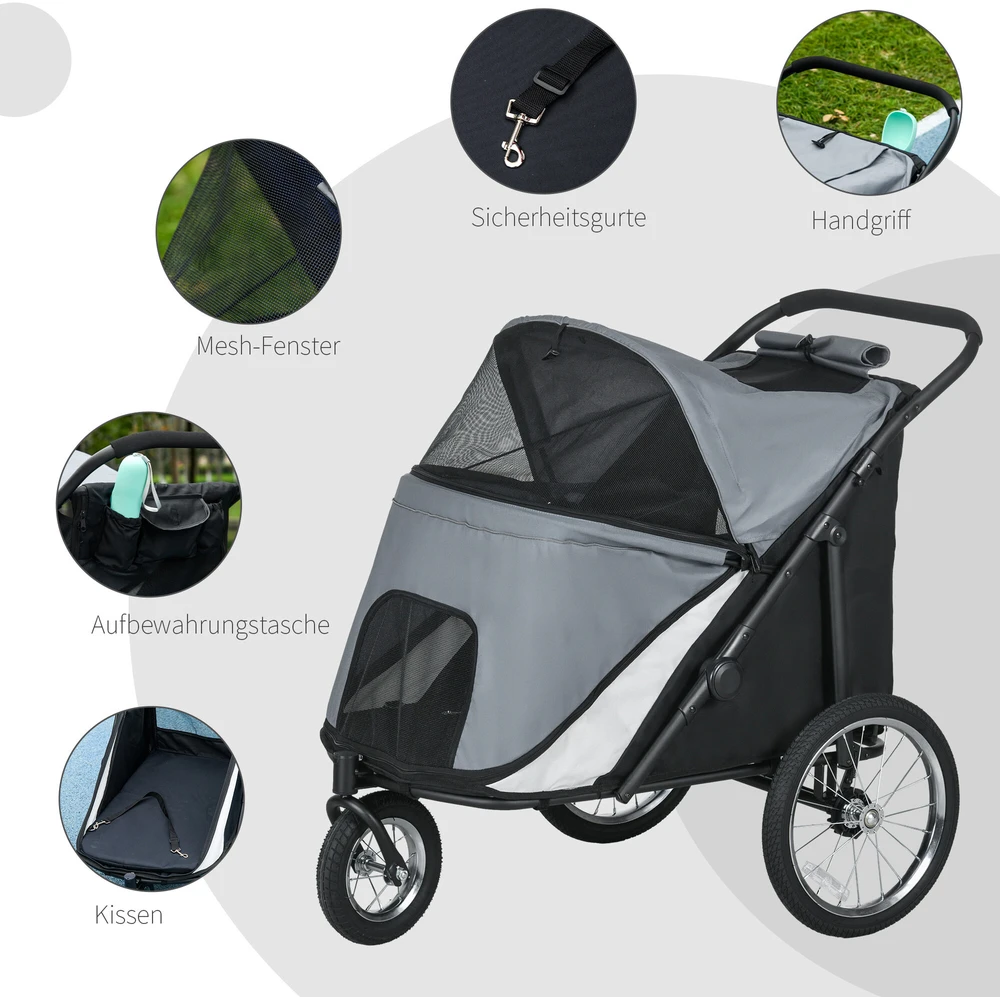 PawHut šunų vežimėlis sulankstomas su tinkleliu galinėms durims ir saugos diržu, pilkas, iki 30 kg