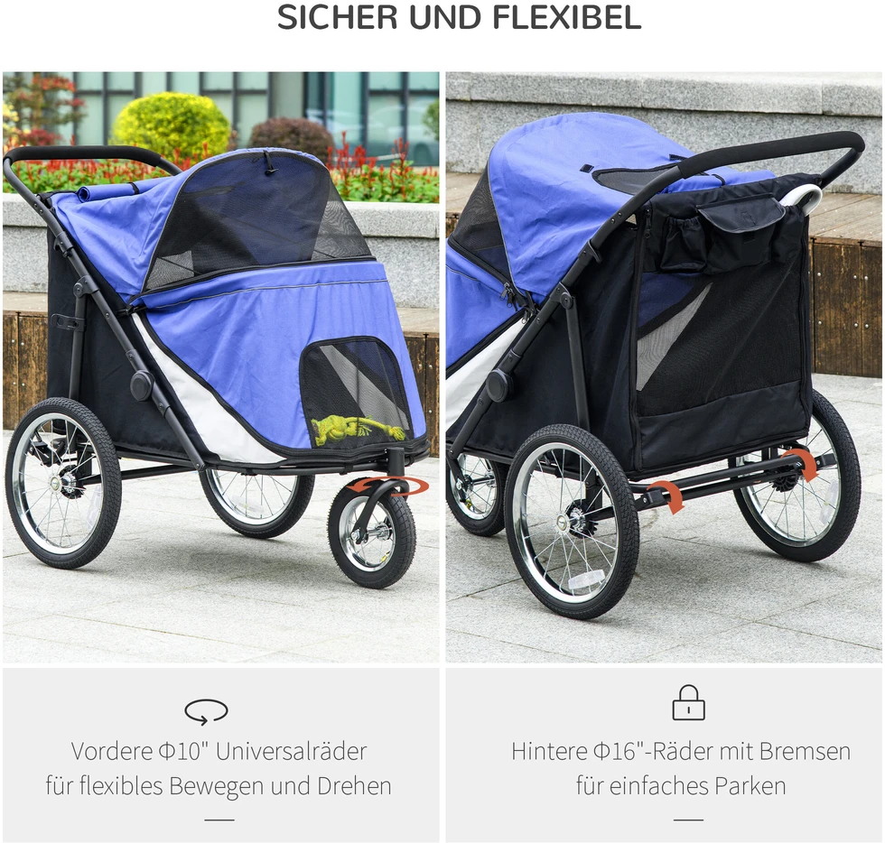 PawHut šunų vežimėlis su tinkleliu, sulankstomas, su saugos pavadėliu, dideliais guminiais ratais, iki 30 kg, Oxford, mėlynas