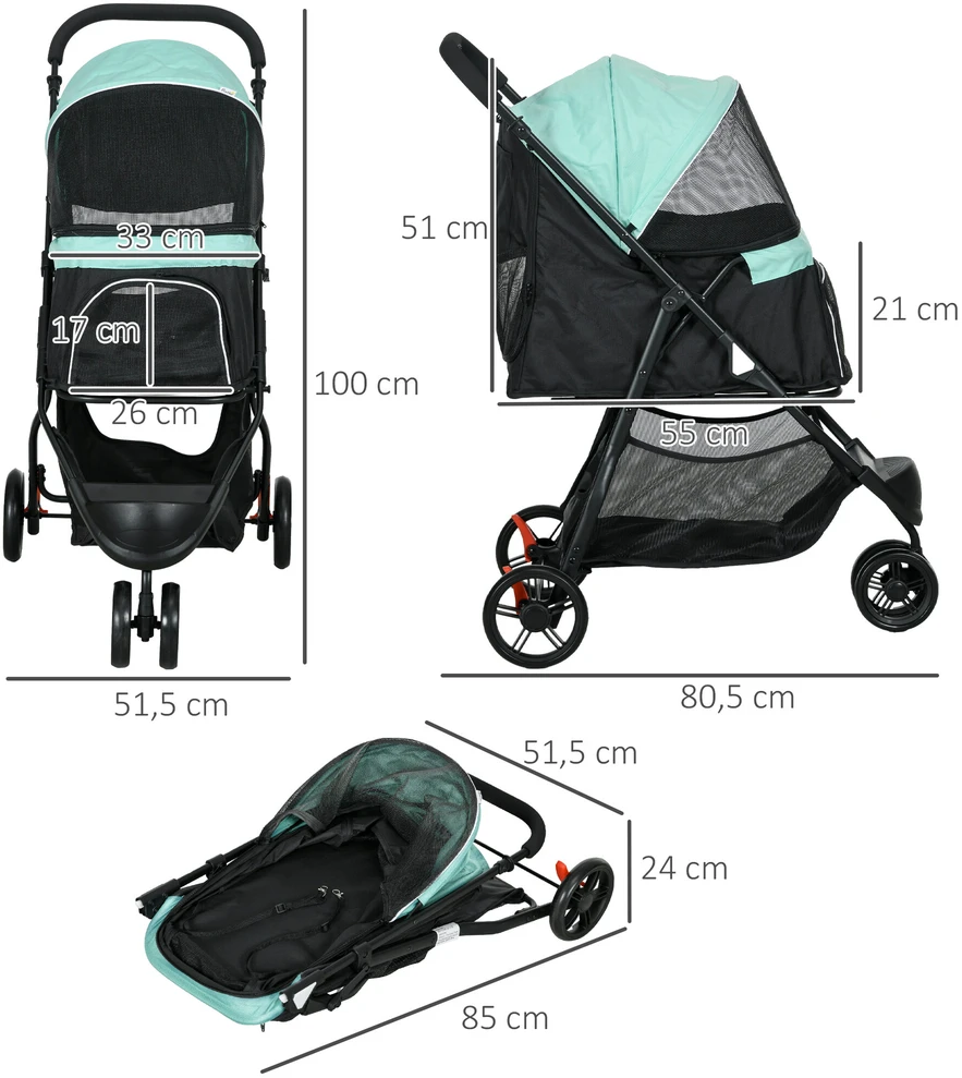 PawHut 2 viename vežimėlis šunims ir katėms iki 10 kg su apsauga nuo lietaus, sulankstomas, žalias