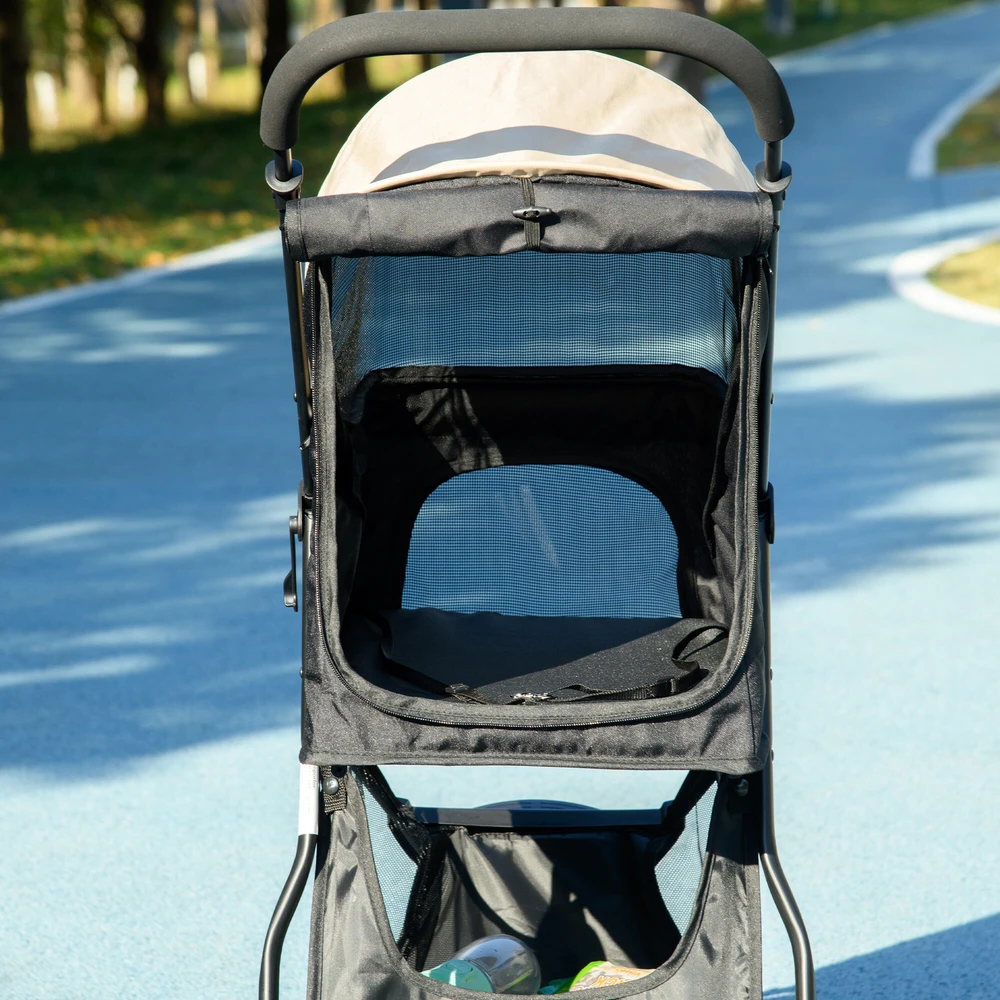 PawHut 2-in-1 šunų vežimėlis su apsauga nuo lietaus, sulankstomas, skirtas šunims ir katėms iki 10 kg, su pagalve, tinkliniais langais, durelėmis ir krepšiu daiktams, chaki spalvos