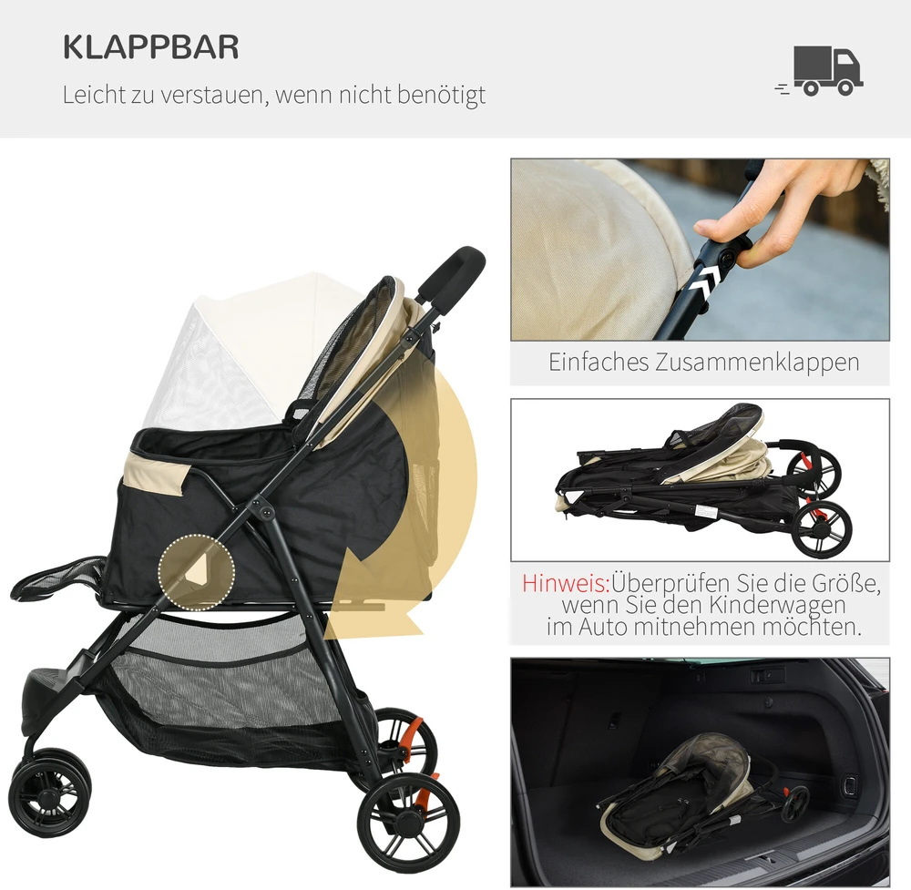 PawHut 2-in-1 šunų vežimėlis su apsauga nuo lietaus, sulankstomas, skirtas šunims ir katėms iki 10 kg, su pagalve, tinkliniais langais, durelėmis ir krepšiu daiktams, chaki spalvos