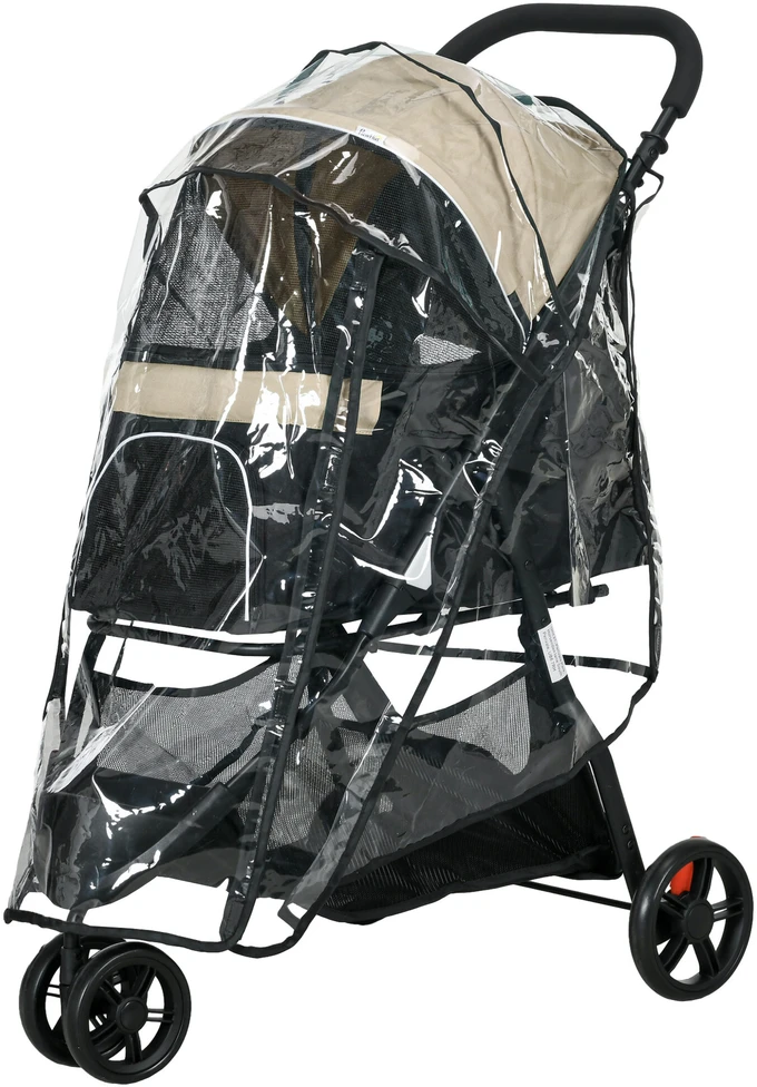 PawHut 2-in-1 šunų vežimėlis su apsauga nuo lietaus, sulankstomas, skirtas šunims ir katėms iki 10 kg, su pagalve, tinkliniais langais, durelėmis ir krepšiu daiktams, chaki spalvos