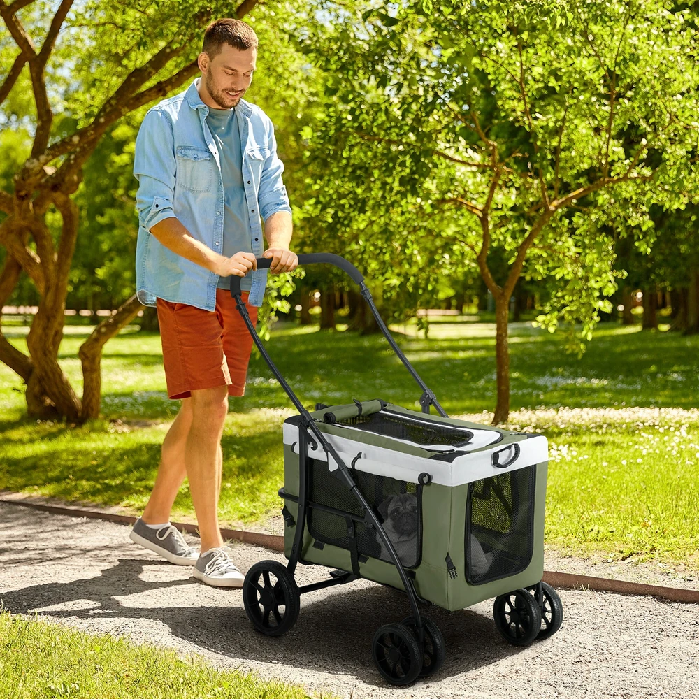 „PawHut“ 2-in-1 sulankstomas šunų ir kačių vežimėlis iki 10 kg, su pagalvėle, tinkliniais langais, durelėmis ir krepšiu daiktams laikyti, tamsiai žalias