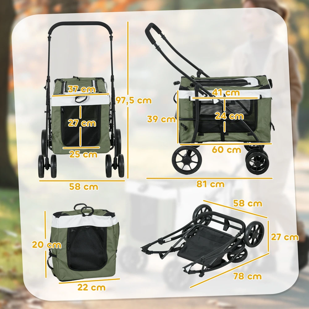 „PawHut“ 2-in-1 sulankstomas šunų ir kačių vežimėlis iki 10 kg, su pagalvėle, tinkliniais langais, durelėmis ir krepšiu daiktams laikyti, tamsiai žalias