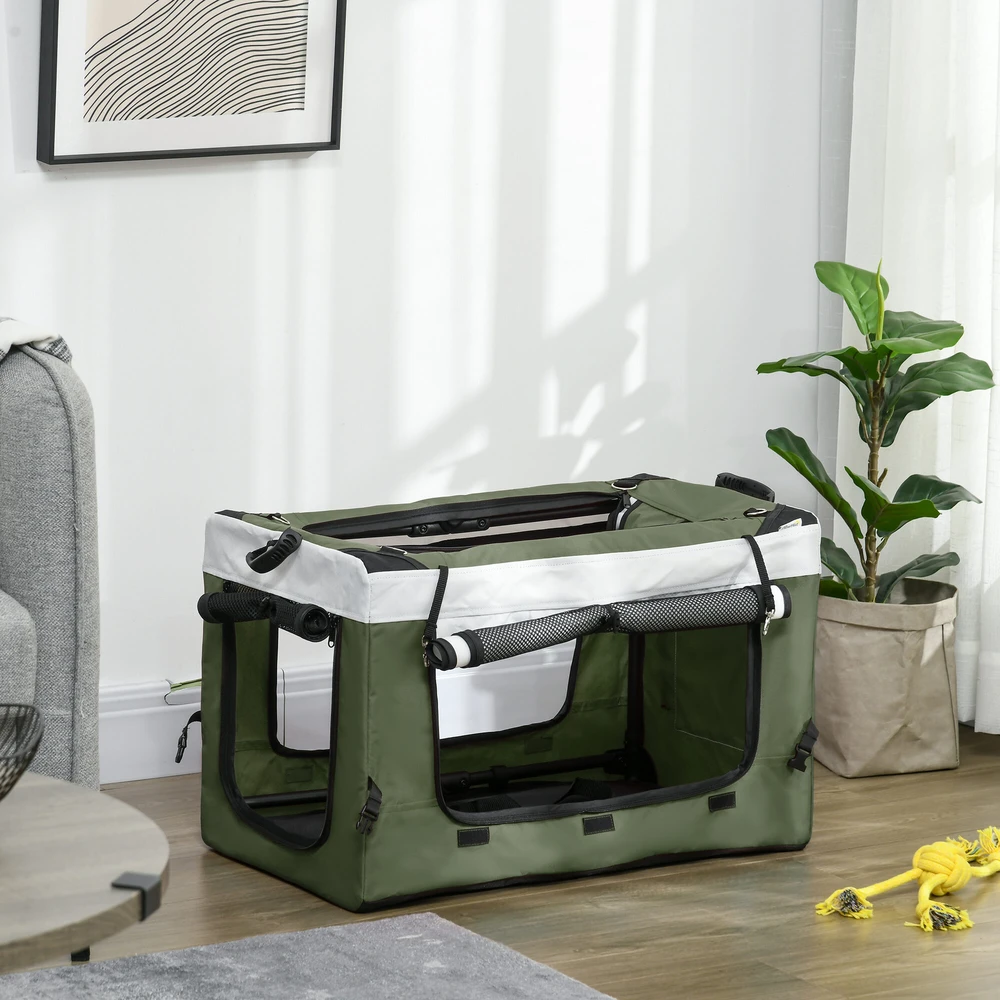 „PawHut“ 2-in-1 sulankstomas šunų ir kačių vežimėlis iki 10 kg, su pagalvėle, tinkliniais langais, durelėmis ir krepšiu daiktams laikyti, tamsiai žalias