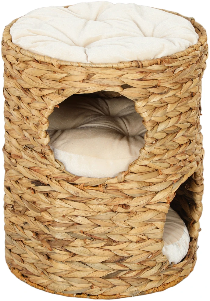 PawHut draskyklė-namelis, 50 cm aukščio katėms su 2 olomis, draskyklė su pagalvėlėmis, kačių bokštas iš vandens hiacinto, katėms iki 3,5kg, šviesiai ruda