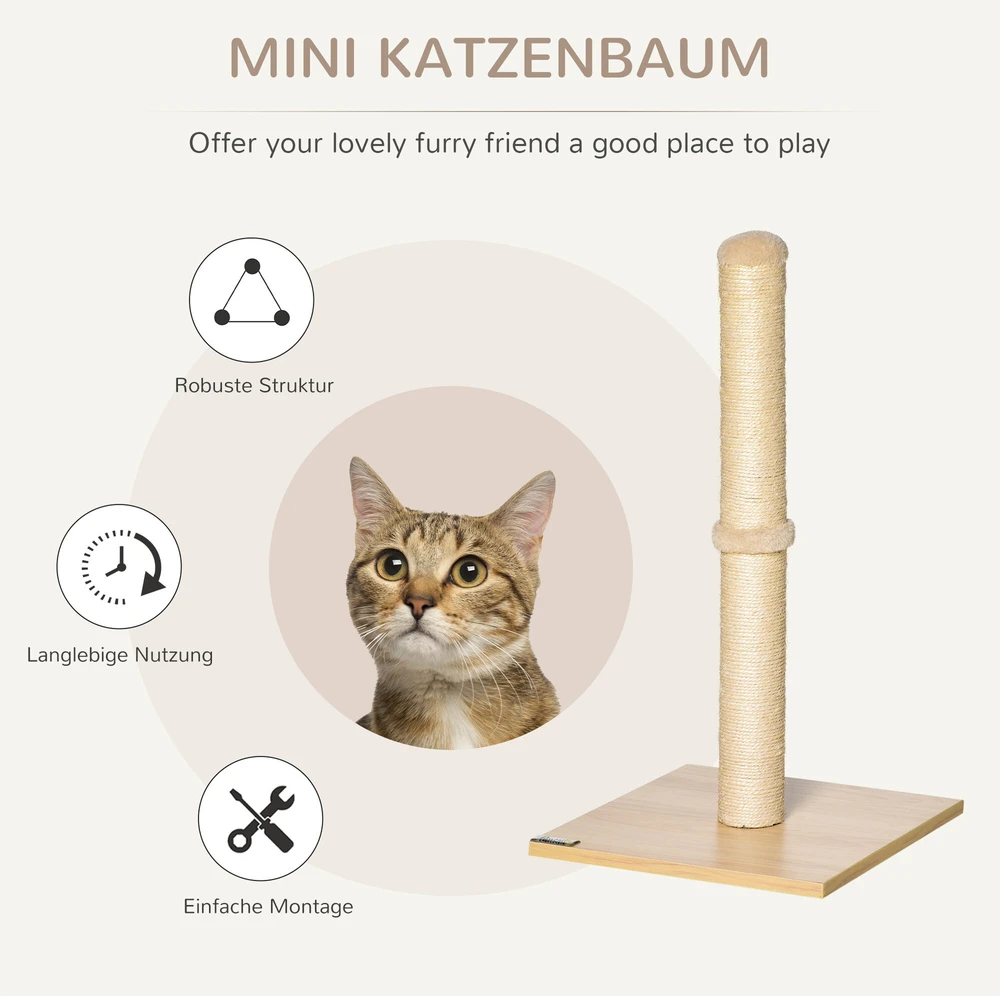 PawHut draskyklė-stulpas, sizalio draskymo stulpas katėms, stabilus, su kamuoliuku, 60 cm, medžio drožlių plokštė, smėlio spalvos ir ąžuolo