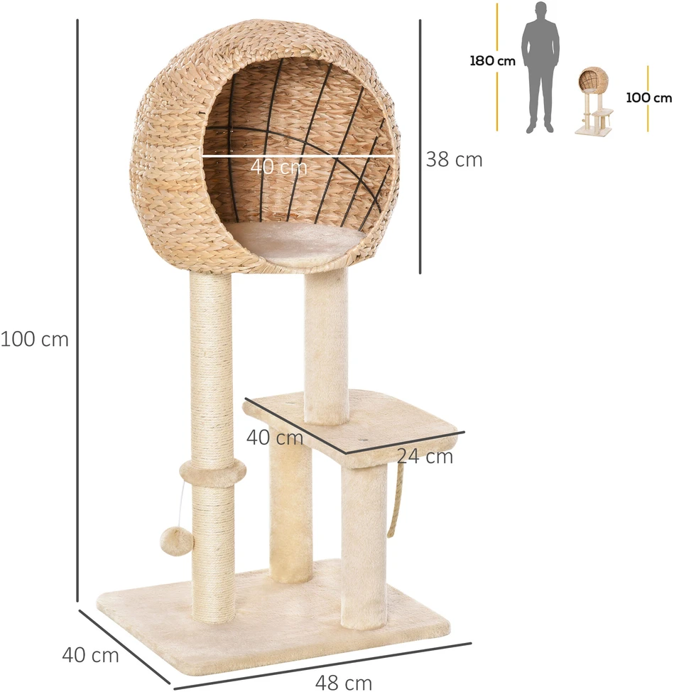 "PawHut" kačių medis, draskymo stovas, kačių baldai su urvu, kamuoliukas-žaislas, sizalis, minkštas pliušas, smėlio spalvos, aukštis 100 cm