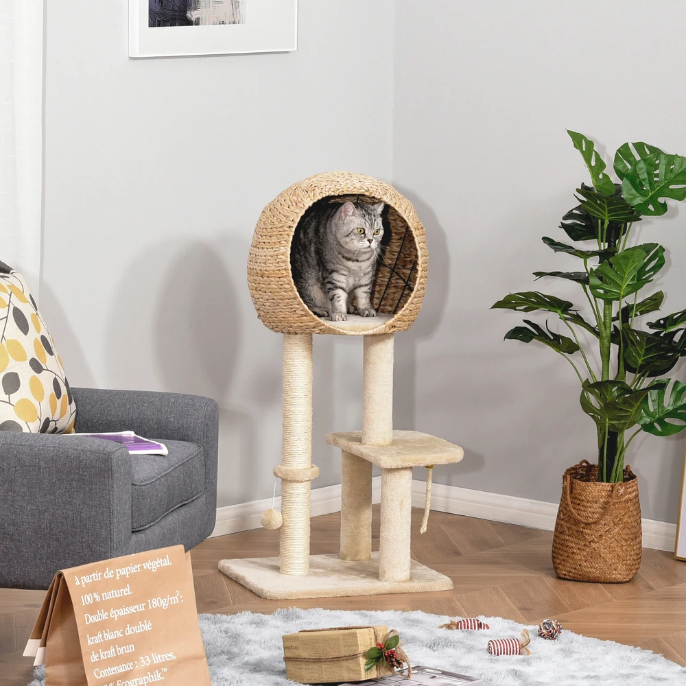 "PawHut" kačių medis, draskymo stovas, kačių baldai su urvu, kamuoliukas-žaislas, sizalis, minkštas pliušas, smėlio spalvos, aukštis 100 cm