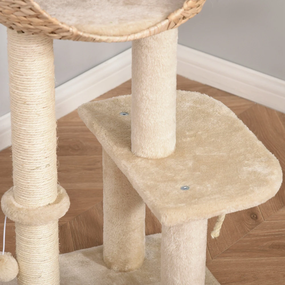 "PawHut" kačių medis, draskymo stovas, kačių baldai su urvu, kamuoliukas-žaislas, sizalis, minkštas pliušas, smėlio spalvos, aukštis 100 cm