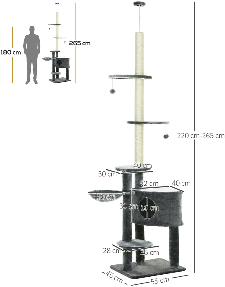 PawHut lubinis draskyklė, reguliuojamo aukščio 220-265 cm, su sizalio stulpais, žaisliniu kamuoliuku, katės guoliu ir nameliu, tamsiai pilka