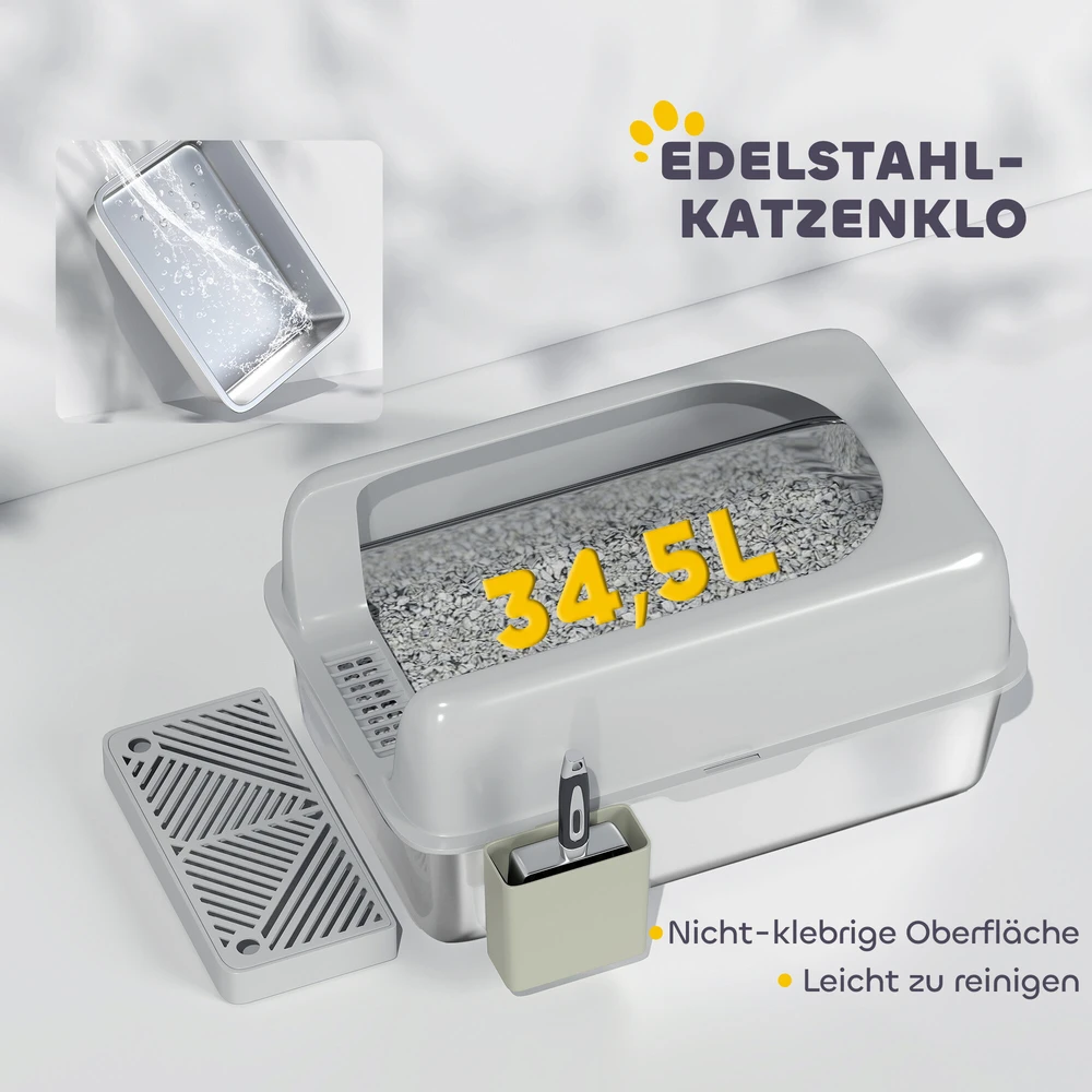 PawHut kačių tualetas su dangčiu, nerūdijančio plieno dėžė su semtuvėliu ir saugojimo dėžute, katėms iki 4,5kg, šviesiai pilkos spalvos