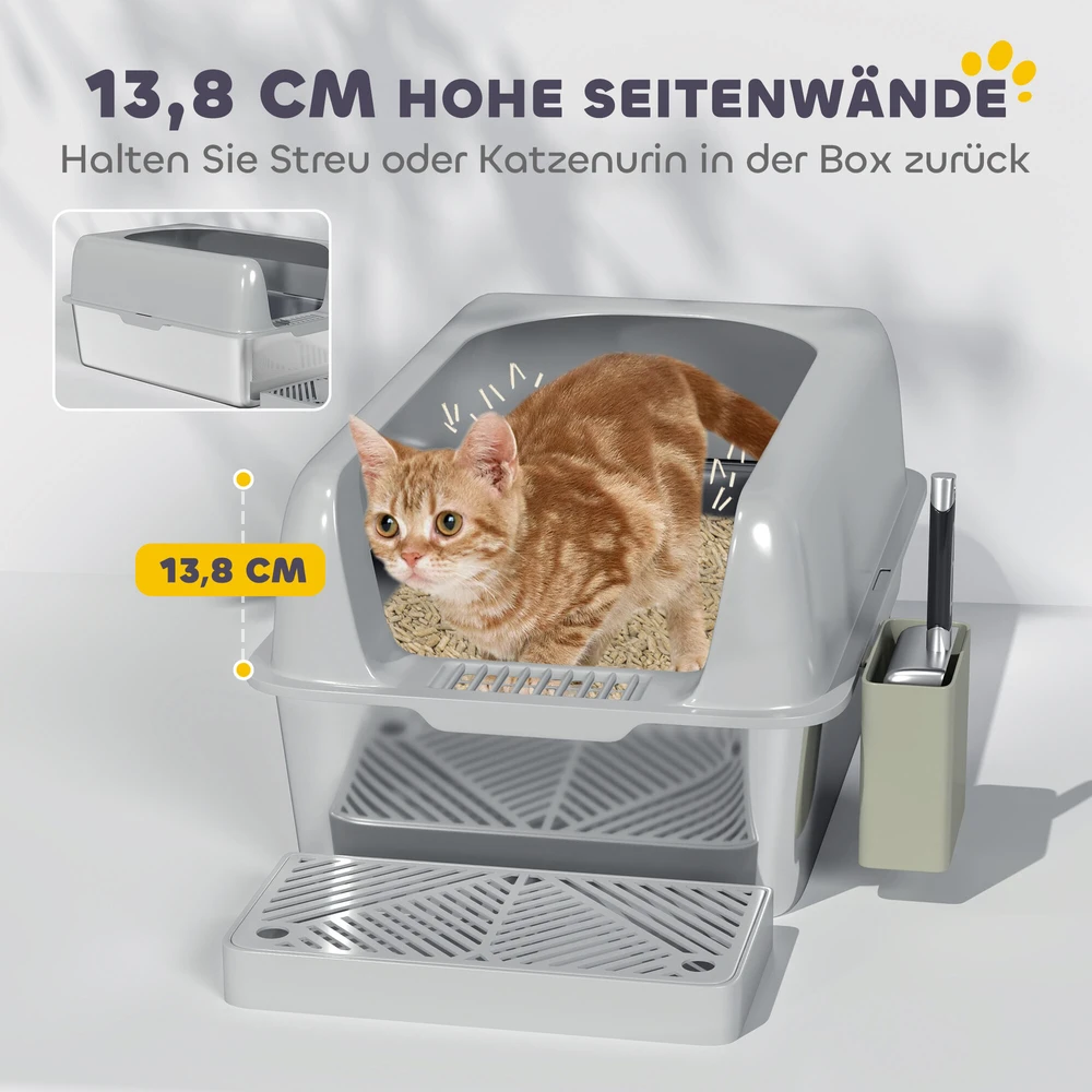 PawHut kačių tualetas su dangčiu, nerūdijančio plieno dėžė su semtuvėliu ir saugojimo dėžute, katėms iki 4,5kg, šviesiai pilkos spalvos