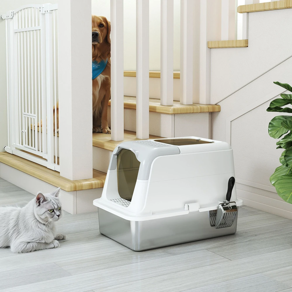 PawHut kačių tualetas, uždaras, su semtuvėliu, įėjimas priekyje ir išėjimas viršuje, nerūdijantis plienas, iki 15 kg