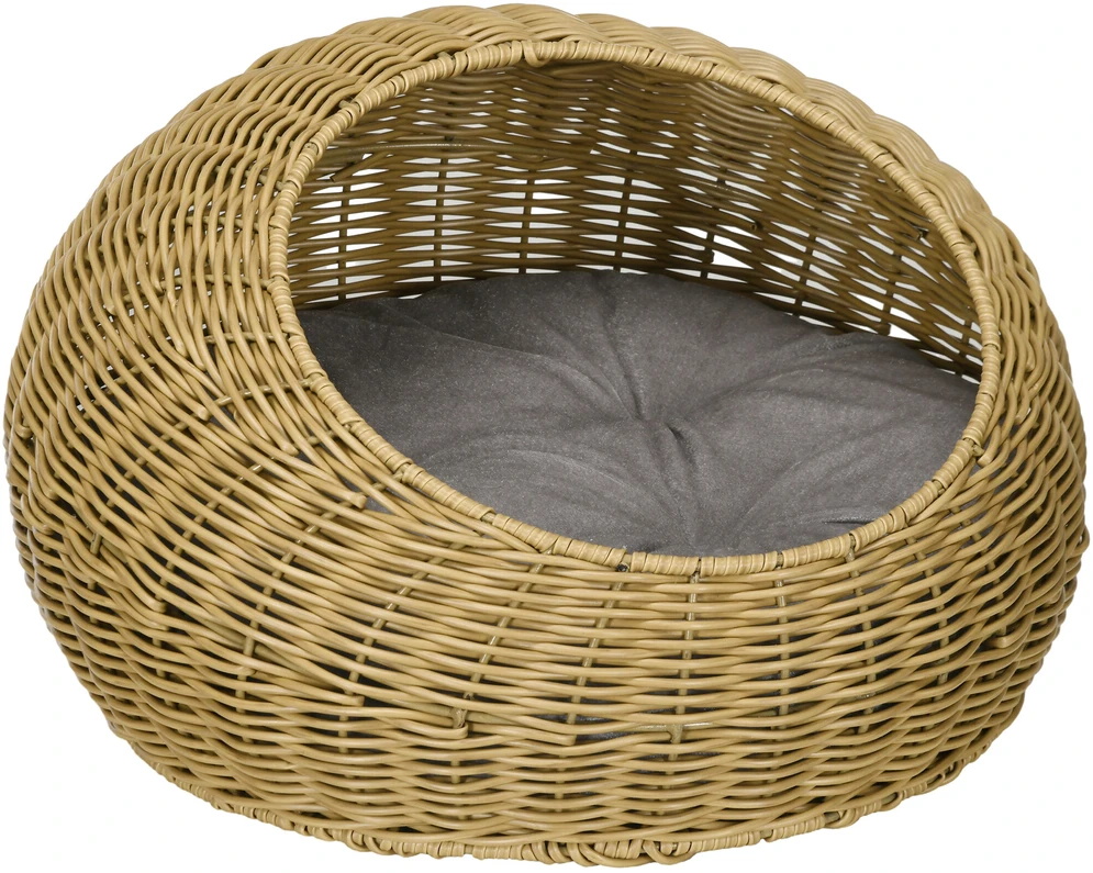 PawHut rotango krepšys namelis katėms su pagalvėle, skirtas katėms iki 4kg, augintinių guolis, namelis katėms, vidaus naudojimui, PE rotangas, Ø50 x 31 cm, šviesiai rudas