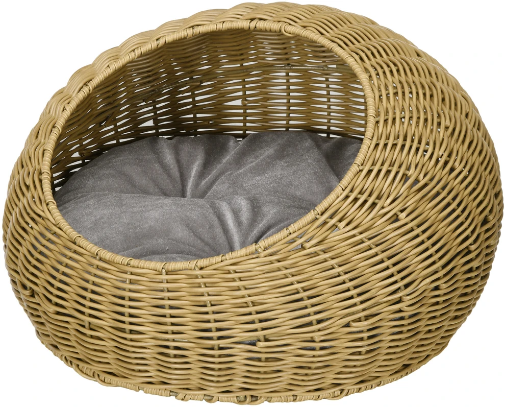 PawHut rotango krepšys namelis katėms su pagalvėle, skirtas katėms iki 4kg, augintinių guolis, namelis katėms, vidaus naudojimui, PE rotangas, Ø50 x 31 cm, šviesiai rudas