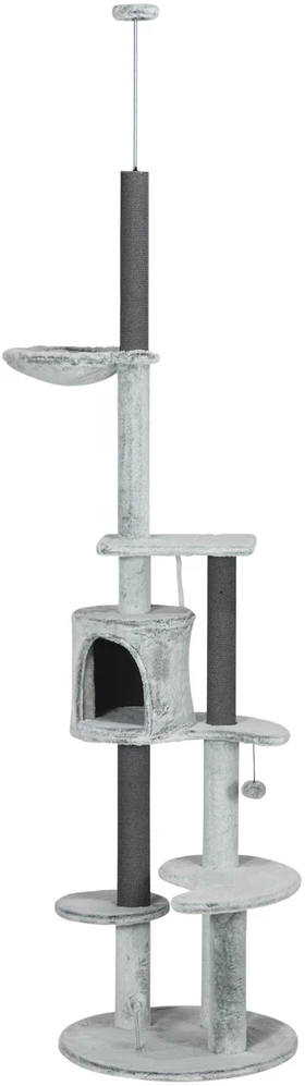 PawHut draskyklė iki lubų, kačių medis, 225-255 cm, su kačių nameliu, draskymo stulpais, krepšiu, žaisliniu kamuoliuku, kačių baldai su apsauga nuo apvirtimo, pilka