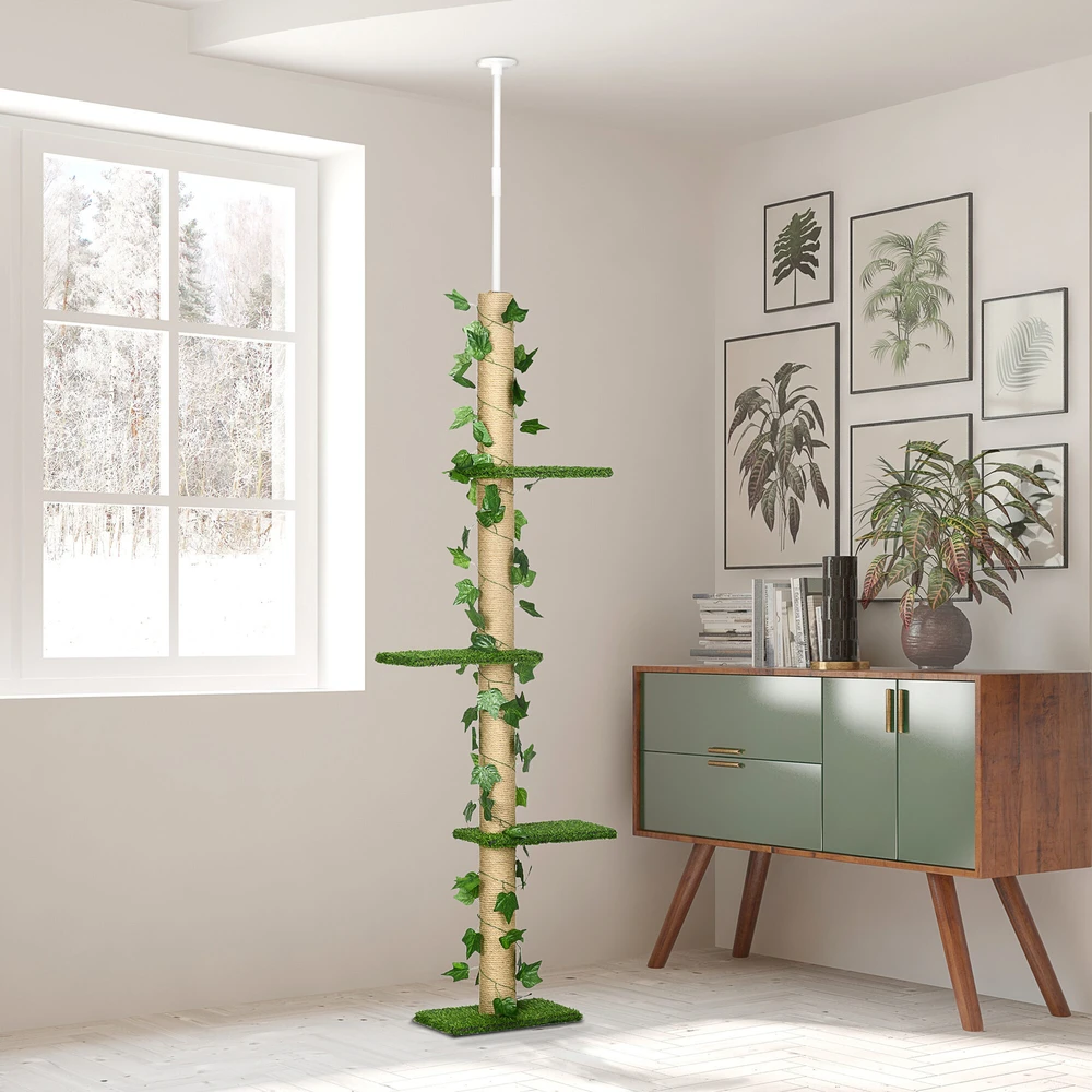 PawHut draskyklė, montuojama iki lubų, 202-242 cm, laipynė katėms, reguliuojamo aukščio, su apsauga nuo griuvimo, džiutas, žalia ir geltona