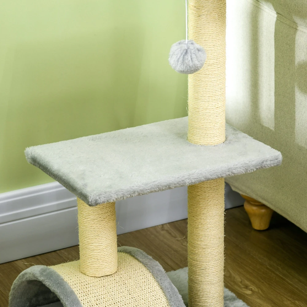 PawHut 72 cm draskyklė katėms – kačių medis su pliušiniu kamuoliuku, sizalio stulpais, platforma ir draskymo kilimėliu, šviesiai pilka